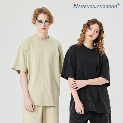 男装|复古做旧工艺高街水洗短袖男士t恤潮牌宽松纯棉圆领情侣上衣