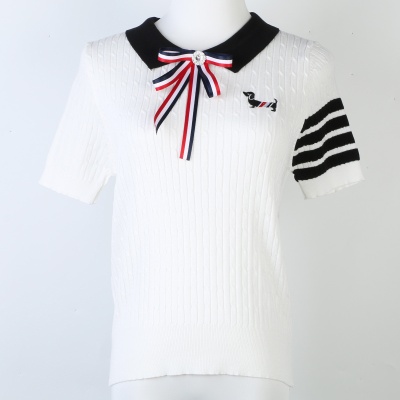 tb针织衫女短袖蝴蝶结刺绣小狗针织衫简约四条杠POLO领tb针织衫潮