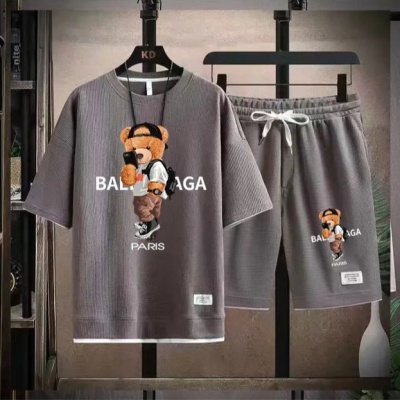 华夫格短袖t恤男士休闲运动套装批发夏季宽松假两件半袖T恤两件套