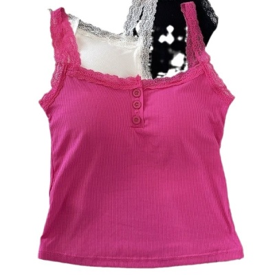 纯欲风法式吊带背心女带胸垫内搭外穿性感蕾丝小众纽扣无袖打底衫