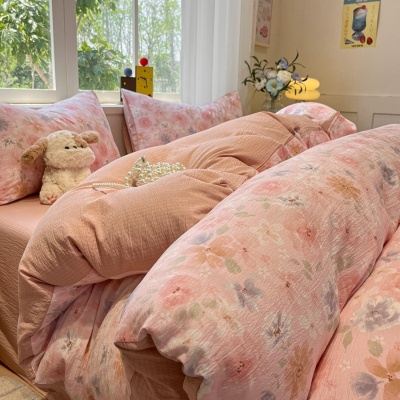 A类双层纱水洗棉四件套单人床单被套纯棉三件套高级感被罩床笠款