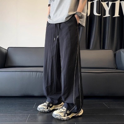 白色辑明线速干裤子男夏季薄款潮牌运动阔腿裤美式直筒宽松休闲裤