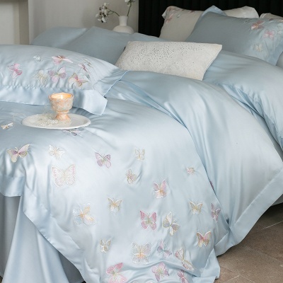 新款高端天丝四件套夏季浪漫粉色玫瑰花边冰凉感床笠被套床上用品