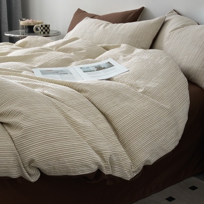 高级感北欧侘寂风全棉水洗四件套提花条纹纯棉被套床单笠床上用品