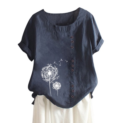 欧美外贸女装亚马逊纽扣短袖印花休闲街头装 圆领常规棉麻上衣T恤