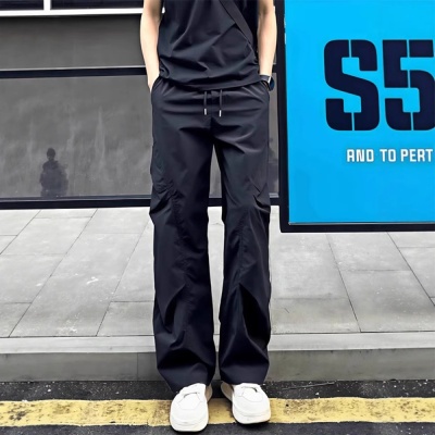 美式冰丝速干裤男夏季薄款褶皱伞兵工装裤垂坠感休闲宽松防晒裤子