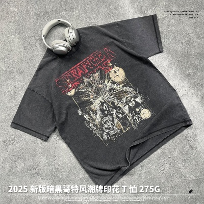 链潮男装丨2025夏季跨境潮牌男装短袖美式复古神秘个性印花t恤