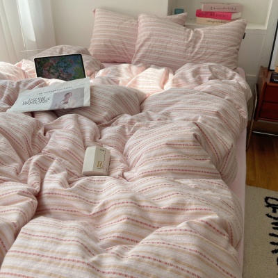 春秋条纹全棉四件套色织提花水洗纯棉被套床单宿舍三件套床上用品