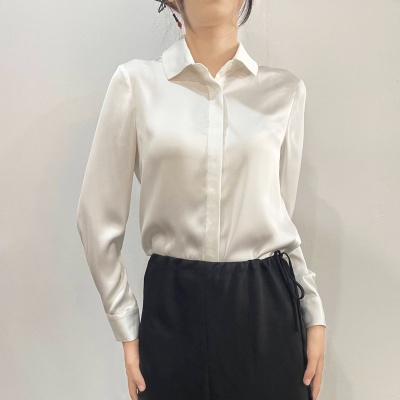 2023秋季新款缎面仿醋酸气质通勤内搭上衣翻领垂感长袖女式衬衫