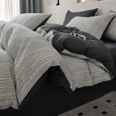 高级感北欧侘寂风全棉水洗四件套提花条纹纯棉被套床单笠床上用品