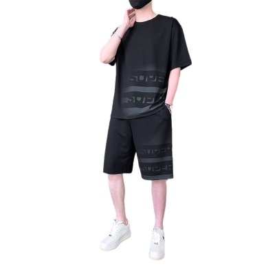 夏季速干渐变色冰丝套装男士宽松潮流短袖短裤休闲运动两件套男装