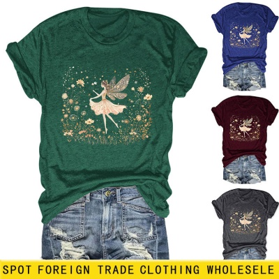 欧美ebay独立站时尚趣味个性女装圆领女孩精灵 花朵 叶子短袖T恤