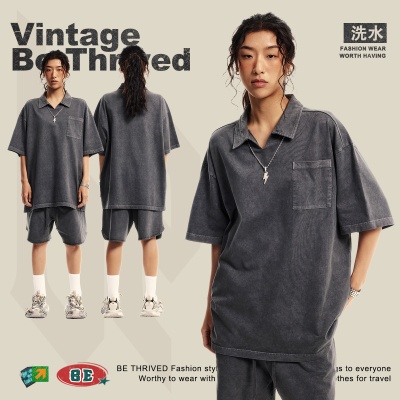 BE男装2025春夏水洗翻领短恤青少年宽松型度假风古巴领短恤t恤男