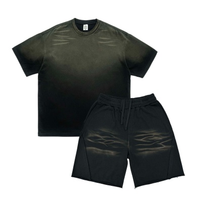 BK男装夏季250G虎纹喷染宽松短袖男美式高街做旧洗水短袖短裤套装