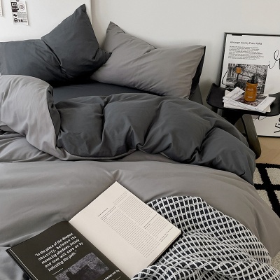 ins风纯色双拼水洗棉床上四4件套学生宿舍床单被套雾霾灰三件套