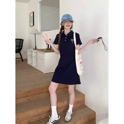 纯棉学院风蝴蝶结刺绣polo领连衣裙女夏季设计感小众收腰显瘦裙子