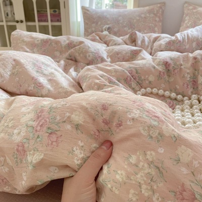 A类母婴水洗针织双层纱床上四件套超柔被套ins清新宿舍床单三件套