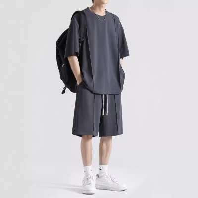 冰丝短袖T恤休闲套装男士夏季2024新款纯色运动速干情侣装两件套