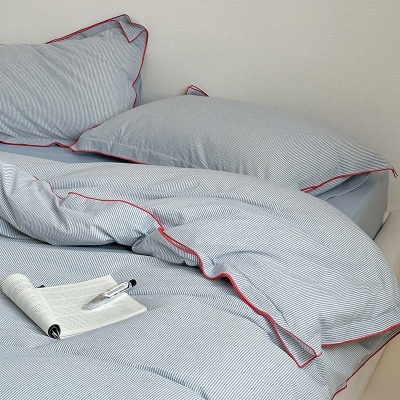 ins风密拷边全棉水洗棉条纹四件套纯棉被套床单亲肤裸睡床上用品