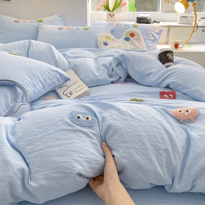 A类床品四件套纯色棉卡通毛巾绣被套亲肤水洗棉学生宿舍可爱套件