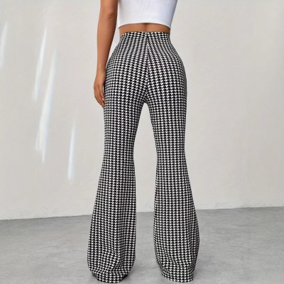 跨境亚马逊弹力休闲裤 运动黑白千鸟格女士裤 气质通勤舒适微喇裤
