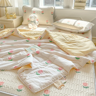 水洗棉空调被四件套冰丝乳胶凉席夏凉被可水洗床单被套床上三件套