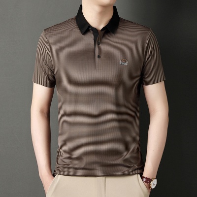 2025男士短袖翻领T恤男时尚休闲烫钻 条纹半袖POLO衫中年男装代发