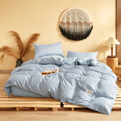 春夏季加厚磨毛纯棉纯色床笠款四件套日式无印格子条纹全棉三件套