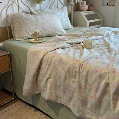 夏季新品母婴A类全棉双层纱法式大花边夏被床单四件套纯棉空调被