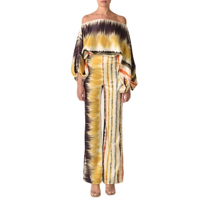 2025春季新款套装欧美女装印花圆领宽松蝙蝠袖收腰阔腿裤时尚套装