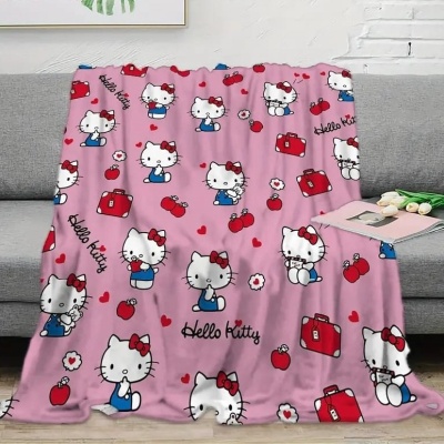 跨境新款三丽鸥周边印花毛毯KT猫法兰绒毛毯可爱卡通hellokitty盖