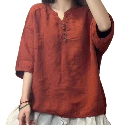 跨境外贸夏季新款女士上衣T恤纯色休闲舒适宽松新中式V领五分袖女