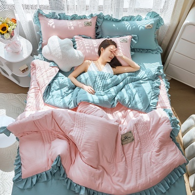 网红款夏凉被四件套空调被三件套韩版纯色夏被水洗棉薄被子可机洗