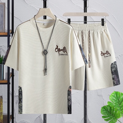 M-8XL新款加肥加大码运动休闲男刺绣套装夏季潮胖子宽松短袖套装