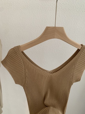 欧玛莱 纯欲风夏季时尚双V领短袖纯色修身显瘦针织衫上衣批发3215