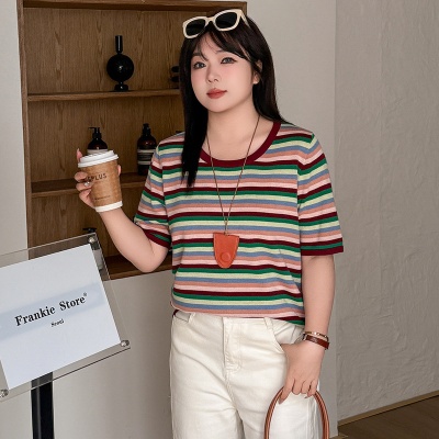 大码女装彩色条纹上衣女针织衫2025夏款胖mm宽松显瘦短袖t恤22837