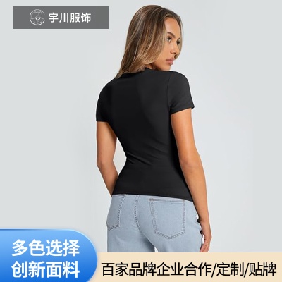 新款女装短袖正肩短款修身上衣t恤企业文化装商务办公室工装批发