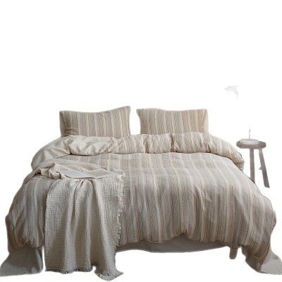 ins风彩色条纹色织提花全棉双层纱四季裸睡床上用品纯棉被套床单