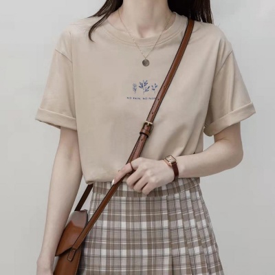 短袖韩版圆领t恤女夏季宽松植物印花休闲纯色打底衫上衣韩国女装