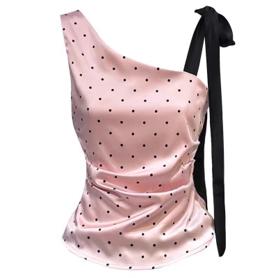 野媛粉色波点斜肩吊带背心女夏季小众设计感T恤修身显瘦无袖上衣