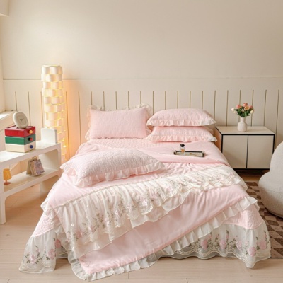 韩版水洗棉夏凉被床盖款四件套少女心空调水洗花边床裙夏被空调薄
