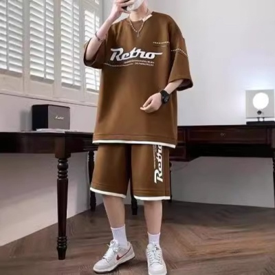 夏季新款休闲运动套装男生港风宽松搭配潮流帅气短袖短裤两件套装
