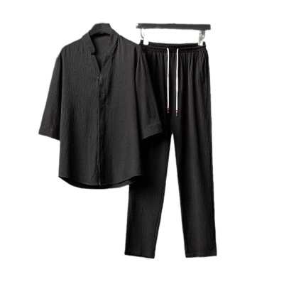 跨境爆款男装轻奢超薄五分袖套装男夏季大码宽松中袖两件套2023潮