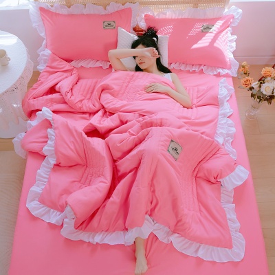 韩版花边夏被空调水洗棉夏凉三件套四件套单双人薄被子可机洗