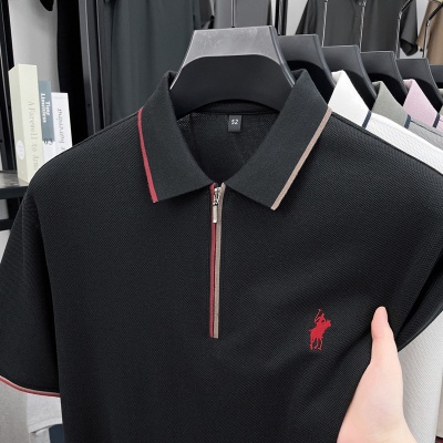男士夏季新款半拉链时尚拼色刺绣男polo短袖中青年高端韩版休闲T