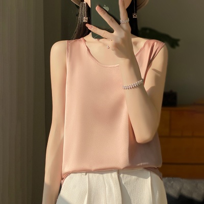 丝绸缎面2025春夏季新款女套头短款上衣无袖背心圆领吊带纯色内搭