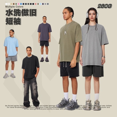 BE男装2025春夏260G纯棉水洗t恤复古潮牌青少年宽松t恤欧美跨境男