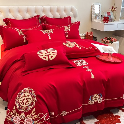 批发大红色婚庆四件套中式婚嫁新婚刺绣被套婚房结婚陪嫁床上用品