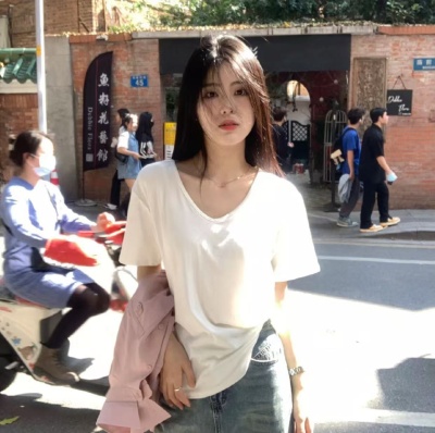 【厂家直销】纯色大领口短袖t恤女宽松休闲显瘦内搭V领打底衫潮牌