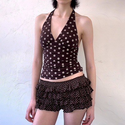 2025夏季女装新款辣妹性感黑色波点印花百搭露背V领挂脖紧身背心
